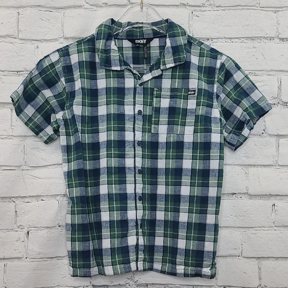 DKNY Boys' Preppy Short Sleeve Plaid Collard Button Up Dress Shirt Green/Blue